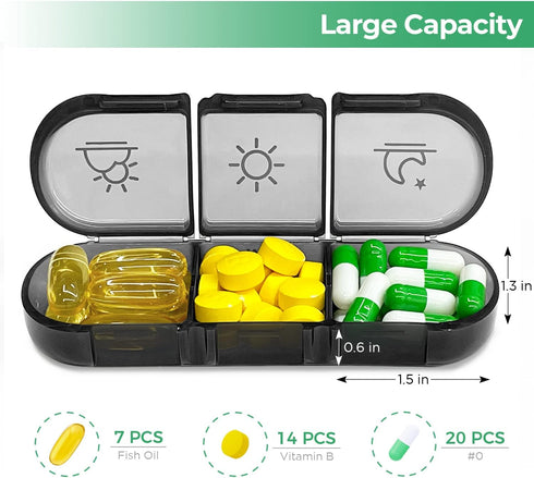 PULIV Portable Travel Pill Organizer 3 Times a Day, 7 Day Light-Proof Pill Case for Vitamins and Medication (Black)