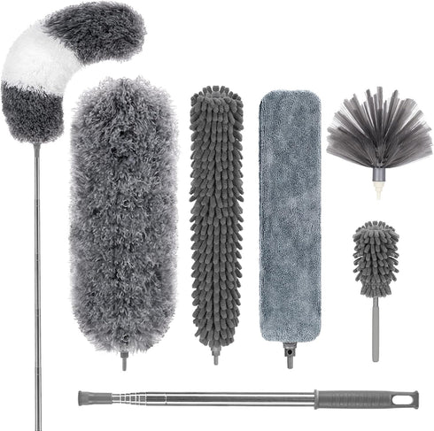 DELUX 7 PCS Microfiber Feather Duster, Reusable Washable Cobweb Duster with 100 inches Extra Long Extension Pole