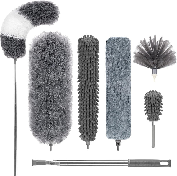 DELUX 7 PCS Microfiber Feather Duster, Reusable Washable Cobweb Duster with 100 inches Extra Long Extension Pole