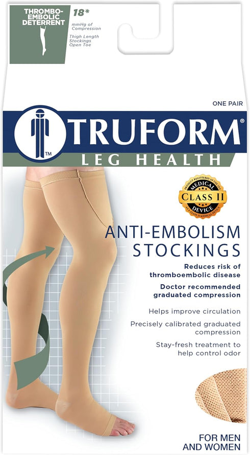 Truform Surgical Stockings, 18 mmHg Compression, Thigh High, Open Toe, Beige, Small