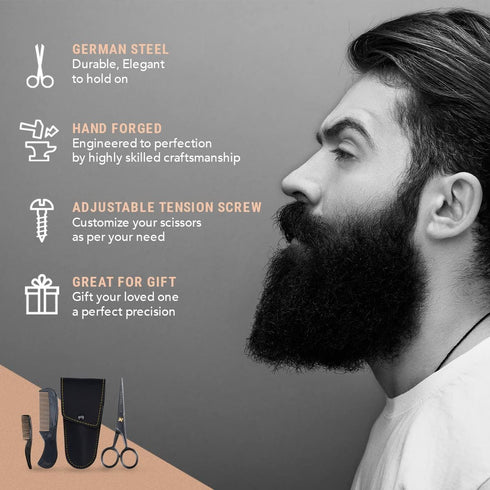 Ontaki 5" Professional German Beard & Mustache Scissors with 2 Comb & Carrying Pouch - Black Facial Hair Grooming Kit
