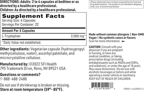 Klaire Labs L-Tryptophan, Amino Acid Precursor to Serotonin & Melatonin, Mood & Sleep Support, 90 Capsules