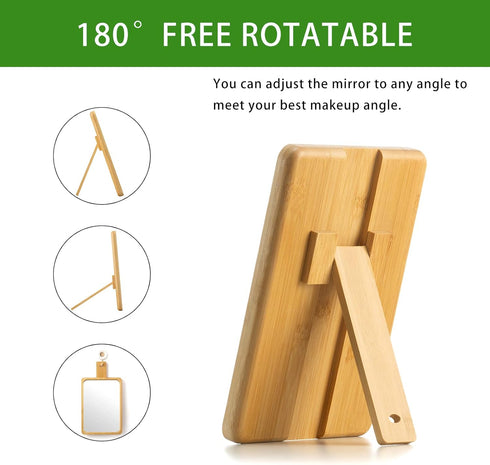 Natural Bamboo Folding Desk Table Mirror - Portable Handheld/Stand Makeup Mirror, 5.1" W x 7.5" L