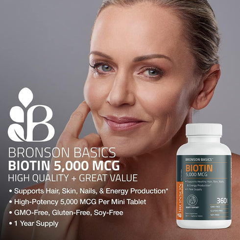 Bronson Biotin 5,000 MCG, Supports Healthy Hair, Skin & Nails, High Potency Beauty Support, 360 Vegetarian Tablets