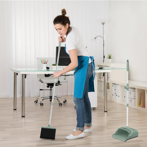 Broom with Dustpan Combo Set, 52'' Long Handle Broom and Dustpan with Self-Cleaning Teeth for Home Office Kitchen