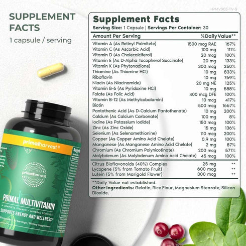 Primal Harvest Multivitamin for Women and Men Vitamin A, Vitamin C, Vitamin D and E, Vitamin B12, B6, Biotin, Zinc Supplements, 30 Capsules