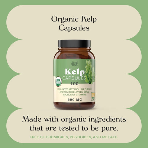 Raw Sea Kelp Powder Supplement 100 Pills, 600mg Capsules, Powdered Raw Seaweed & Thyroid Support