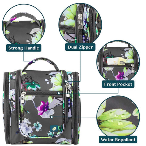 PAVILIA Travel Toiletry Bag for Women Men - Hanging Cosmetic Organizer, Large Water Resistant Makeup Bag (Floral Grey)