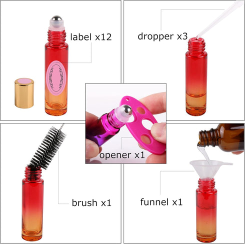 inice 12 Pack Gradient Color Roller Bottles, 10ml Glass Essential Oils Applicator with Golden Metal Cap