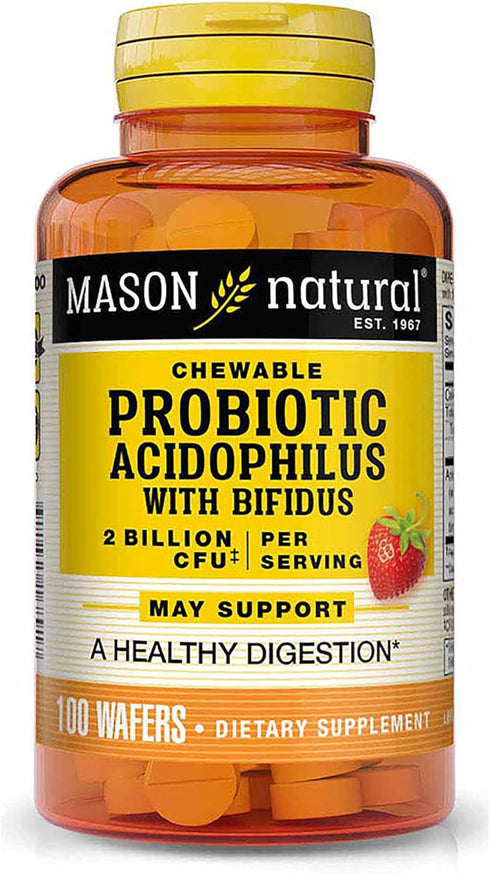 MASON NATURAL Probiotic Acidophilus with Bifidus, 2 Billion CFU Per Serving, Strawberry Flavor, 100 Chewable Wafers