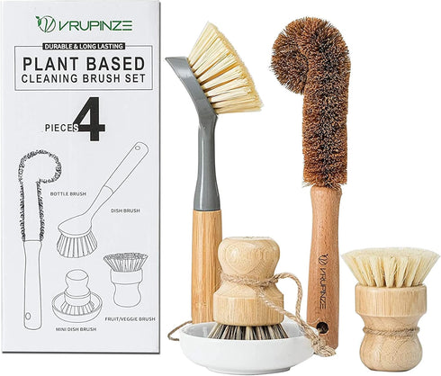 VRUPINZE Natural Bamboo Dish Brush Bottle Scrub Brush 4-Piece Set, with Ceramic Soap