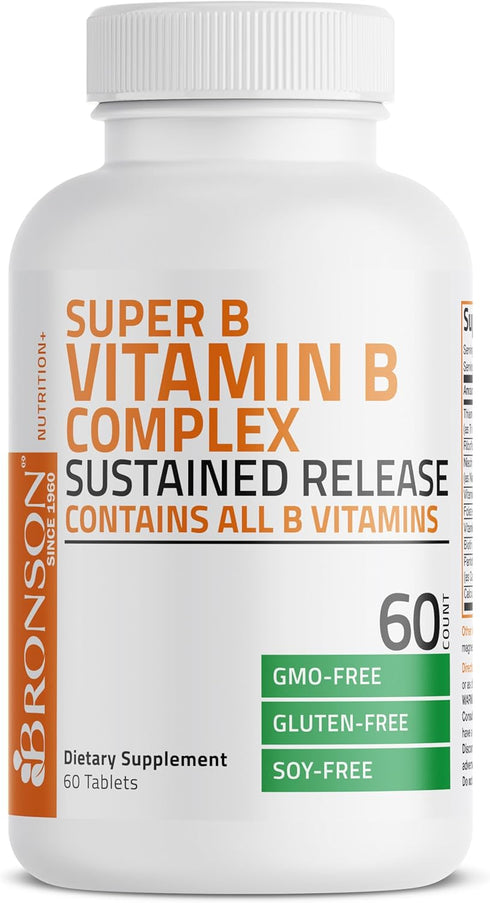 Bronson Super B Vitamin B Complex, Sustained Slow Release, Contains All B Vitamins, 60 Tablets