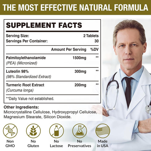 1500 MG Palmitoylethanolamide with Luteolin 98% & Turmeric, High Absorption Micronized Pea Supplement, 60 Tablets, USA