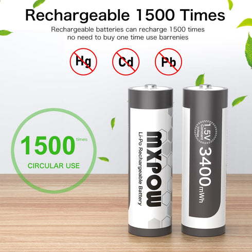 Rechargeable AA Lithium Batteries, 1.5V 3400mWh, 4 Count with Smart Charger, 1500 Cycle