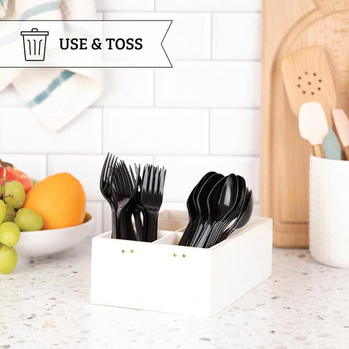 PlasticPro 300 Pack Heavy Weight Plastic Spoons Black Disposable Spoons Bulk Plastic Cutlery Set