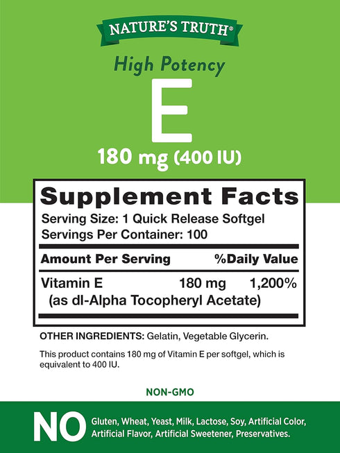 Nature's Truth Vitamin E Softgels | 400 IU | 100 Count | Non-GMO & Gluten Free Supplement