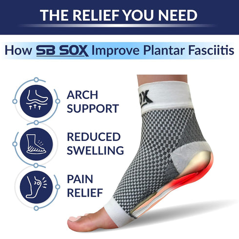 SB SOX Ankle Brace Compression Sleeve for Plantar Fasciitis Relief, Foot Pain, Swelling, Heel Spurs, White, Small