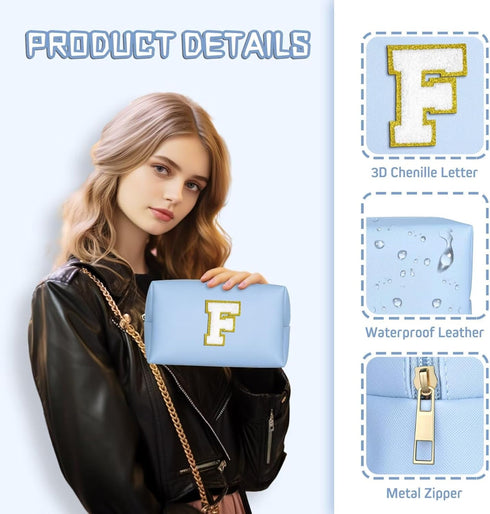 Initial Makeup Bags for Women, Personalized Portable Cosmetic Bag, PU Leather Waterproof Toiletry Bag, Cute Travel Pouch