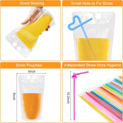 Ozera 100 16 oz Drink Pouches, Pcs Reusable Drink Juice Pouches for Adults, Heavy Duty Pouches for Adults with Straw