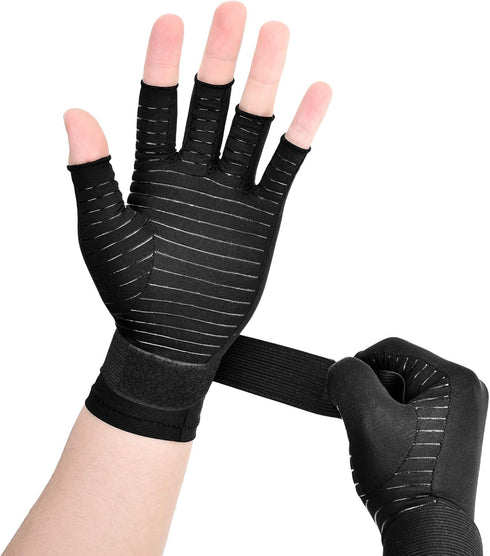 Copper Wrist Compression Arthritis Gloves (1 Pair), Fingerless Glove with Adjustable Strap for Hand Pain Relief, Fits