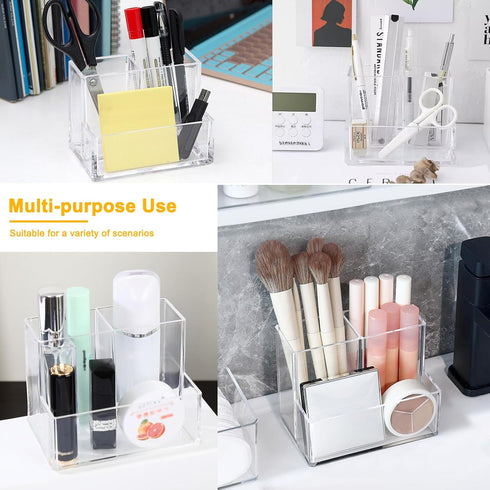 Cerpourt Clear Acrylic Makeup Brush Organizer, Multi-Purpose Storage Holder with 3 Slots for Desk Accessories