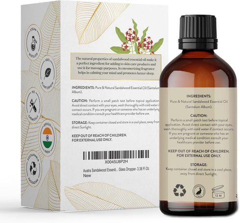 Avatra Sandalwood Essential Oil 3.38 Fl Oz - Natural Oil for Skin, Aromatherapy, Diffuser, Soap, Candle Making