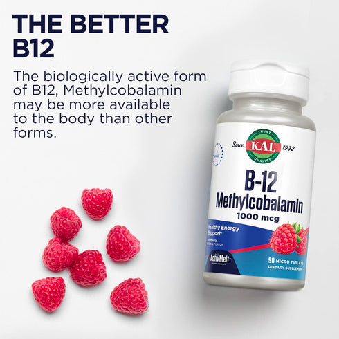 KAL Vitamin B12 Methylcobalamin 1000mcg, 90 Servings, Fast Dissolve ActivMelt, Natural Raspberry Flavor, Healthy