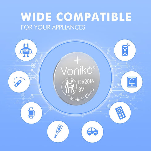 Voniko CR2016 3V 5 Pack 7 Lithium Batteries for Child Safety, Compatible with Remotes, Key Fobs, Glucose Monitors