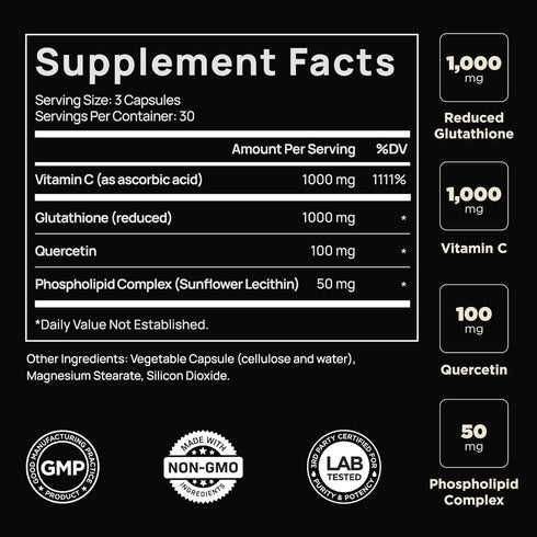 ELMNT 2150mg Liposomal Glutathione Supplement with Vitamin C, Quercetin & 1000mg Reduced L Glutathione - 90 Pills