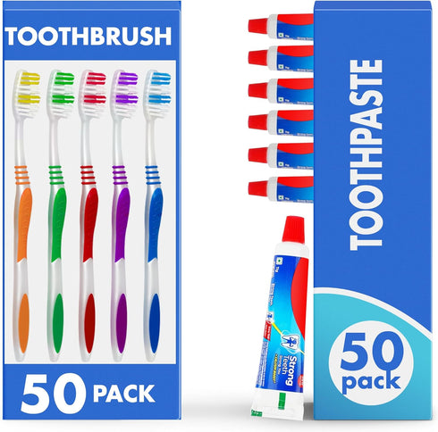 Urban Essentials Bulk Toothbrush (50) & Toothpaste (50) Pack with Covers, Premium Quality Individually Wrapped