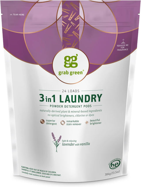 Grab Green 3-in-1 Laundry Detergent Pods, 24 Count, Lavender Vanilla Scent