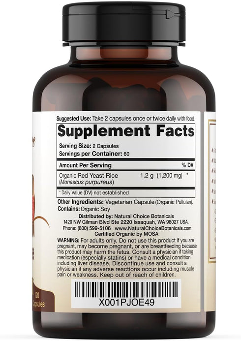Certified Organic Red Yeast Rice Supplement - 120 Capsules, 2 Month Supply