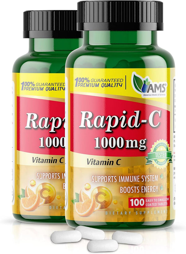 America Medic & Science Rapid-C 1000mg Vitamin C Supplement, 2 Pack of 100 Tablets, Daily Immune Support