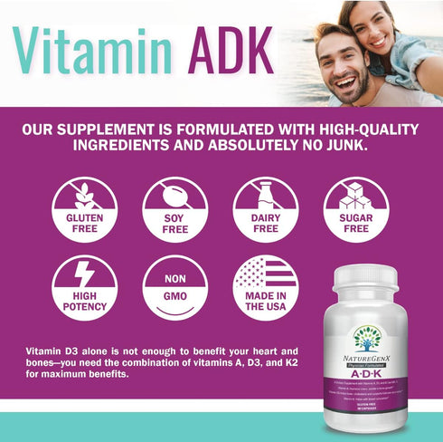 ADK Vitamin Supplement 5000 IU - High Potency Vitamins A, D3, K2 for Bone Health & Calcium Absorption, 60 Capsules