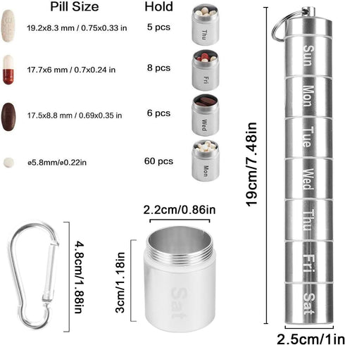 Messar 7 7 Days Pill Case, Portable Pill Box, Compartments Aluminum Alloy Weekly Pill Holder Waterproof Medicine
