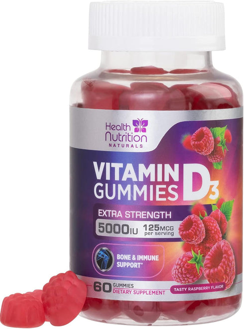 Vitamin D3 Gummies Extra Strength 5000 IU (125 mcg), 60 Gummies - Bone, Teeth, Muscle & Immune Support