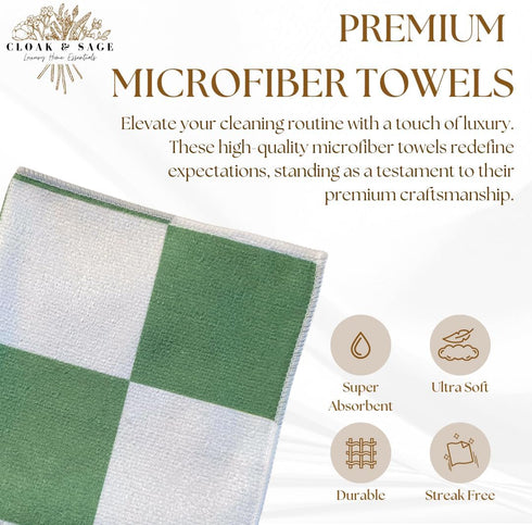 Cloak & SAGE 13" x 13" Luxury Microfiber Cleaning Cloths | Sage – 4 Pack | Premium Checkered Towels for Glass,