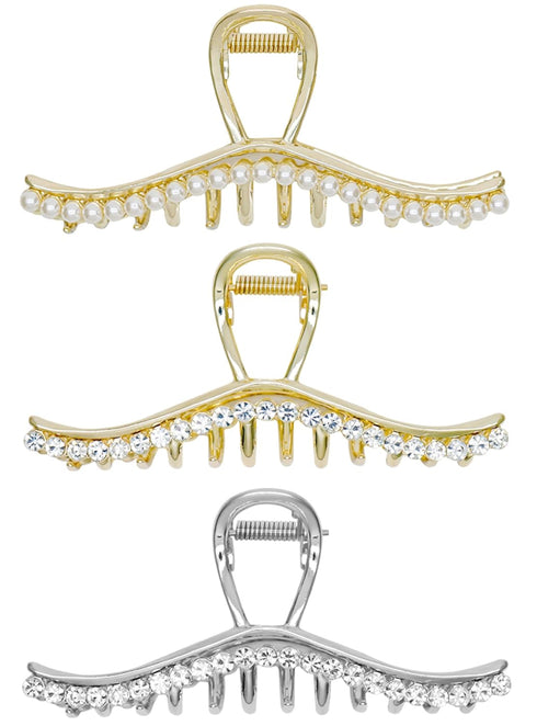 Metal Hair Claw Clips - Rhinestone & Artificial Pearls Claws, 4.4 Inch Silver Hair Clips for Women (3 Pack)