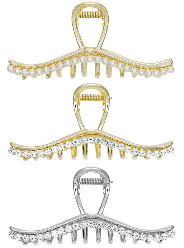 Metal Hair Claw Clips - Rhinestone & Artificial Pearls Claws, 4.4 Inch Silver Hair Clips for Women (3 Pack)