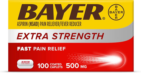 Bayer Extra Strength Aspirin 500 mg, Pain Reliever, 100 Coated Tablets for Headache, Muscle Pain