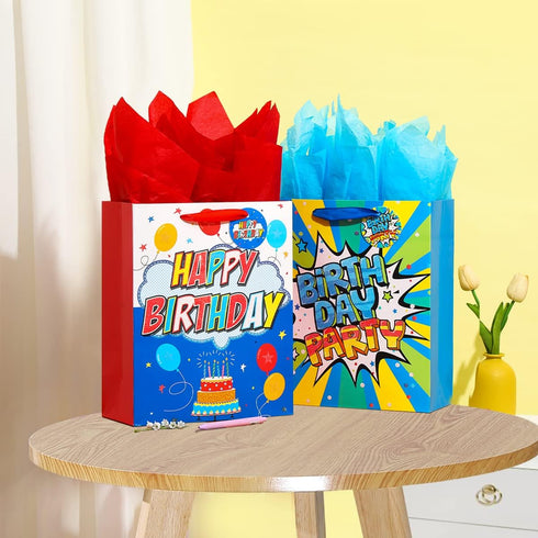 Vammy 13" Large Birthday Gift Bag with Tissue Paper, 2 Pack Paper Gift Bags for Fireworks Birthday Party, Colorful Cake