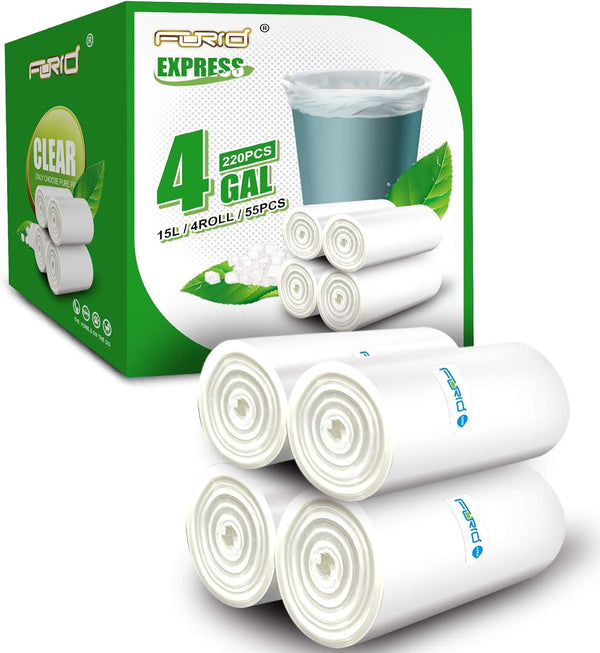 FORID Small Clear Trash Bags, 4 Gallon, 220 Count, Strong Unscented Wastebasket Bin Liners for Bathroom Office