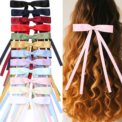 12 PCS Hair Bows for Women, Hair Ribbon with Long Tail Bowknot Clips for Women Girls, Bow Accessories