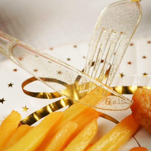 180PCS Gold Plastic Silverware Set, Disposable Glitter Gold Cutlery, 60 Gold Forks, 60 Gold Spoons, 60 Gold Knives,