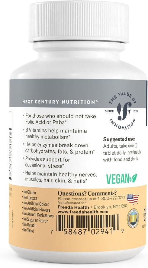 Freeda Vitamin B Complex - Super B Complex Kosher Supplement, 100 Count, No Folic No PABA