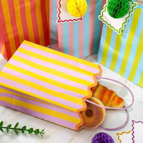 Summer 16 Set FYSUIMU Spring Stripe Paper Bag with Honeycomb Ball and Tag Scalloped Treat Bags with Handles Candy