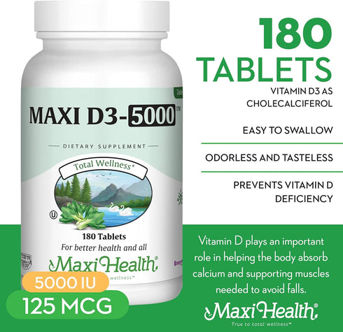Maxi Health Vitamin D3 5000 IU (125 mcg) - High Dose for Healthy Bones, Teeth, Immune Support
