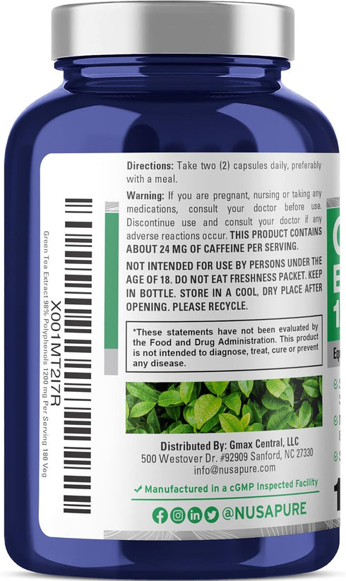 NusaPure Green Tea 20:1 Extract, 1200 mg, 180 Vegan Capsules, 50% EGCG
