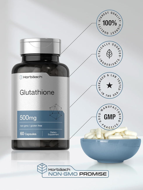 Horbaeach Glutathione 500mg Reduced Supplement, 60 Capsules, Non-GMO & Gluten Free
