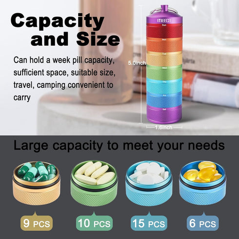 Weekly Metal Pill Organizer, Waterproof 7-Day Pill Container for Outdoor Travel. Aluminum Pill Case That is Shockproof and Has Large Compartments for Storing Vitamins, Fish Oil. Emergency Pills